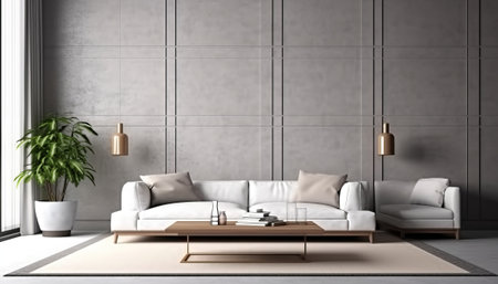 Interior of modern living room with white sofa and coffee table, 3d renderの素材