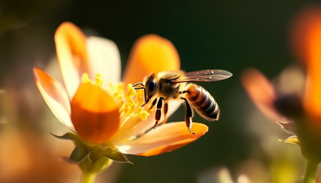 Bee on orange flower, macro shot, shallow depth of field.の素材