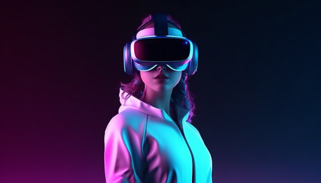 Young caucasian woman wearing virtual reality goggles in neon light.の素材