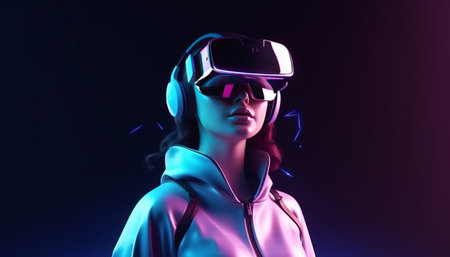 Young woman wearing virtual reality goggles on dark background. 3d renderingの素材