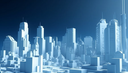 3d render of skyscrapers and modern buildings in blue toneの素材
