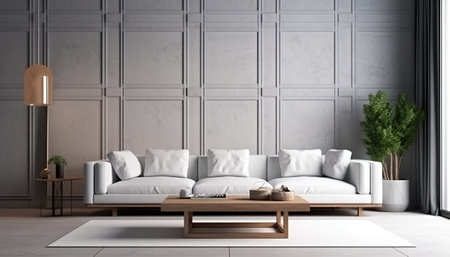 Modern living room with white sofa and wooden coffee table - 3d renderingの素材