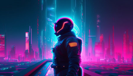 Astronaut in futuristic space suit looking at the future. 3D renderingの素材