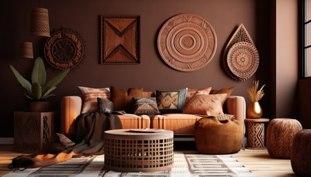 interior with brown sofa. 3d render illustration mock-upの素材