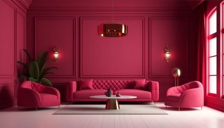 Pink living room with pink sofa and coffee table - 3d renderingの素材