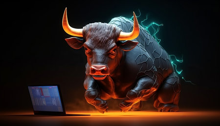 Futuristic powerful bull with a laptop. 3D rendering.の素材