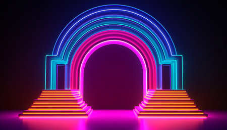 3d rendering of neon arch and stairs, illuminated by ultraviolet lightの素材