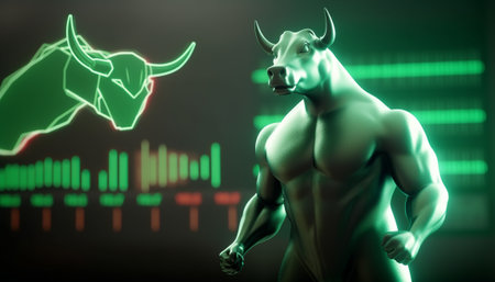 Bull and bull market concept as a 3D illustration with bull and bull symbols.の素材
