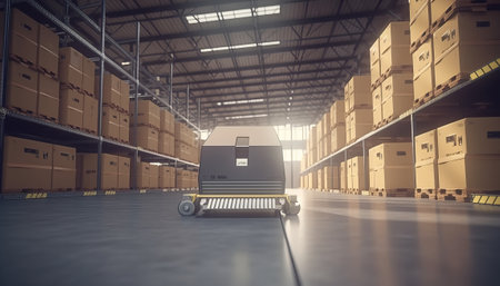 3d rendering of a warehouse with boxes on a pallet truckの素材