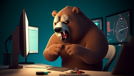 Bear in front of a computer monitor. 3d rendering illustration.の素材