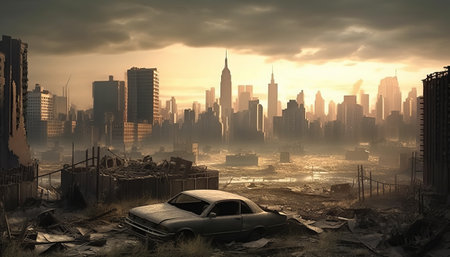 3D rendering of a building in the city with a destroyed carの素材