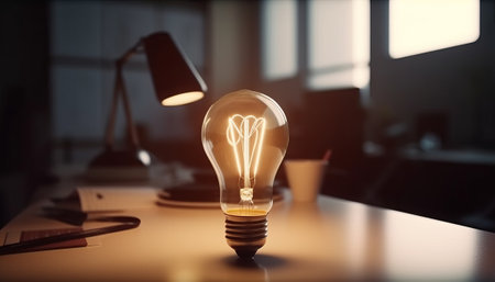 Idea concept with light bulb on desk in office 3D renderingの素材