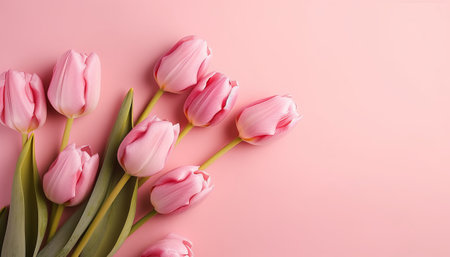 Bouquet of pink tulips on pink background with copy spaceの素材