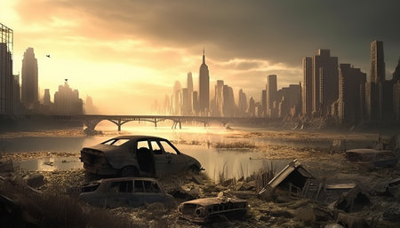 Foggy cityscape with old cars and broken cars. 3D renderingの素材