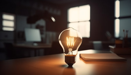 Glowing light bulb on table in office. Idea and inspiration conceptの素材