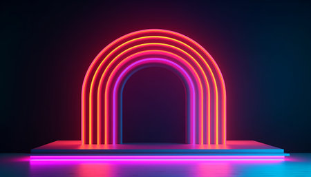 Neon arch on dark background, 3d rendering. Computer digital drawing.の素材