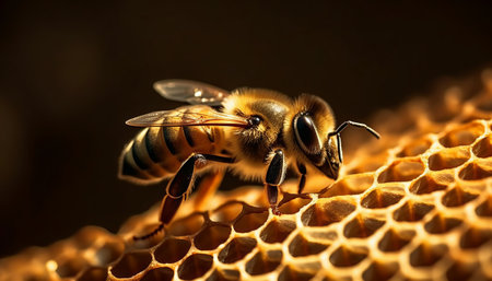 Close up view of the working bees on honeycells. Macro photography of bees on honeycells.の素材