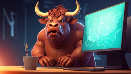 Bull with computer. 3d illustration. Business and finance concept.の素材