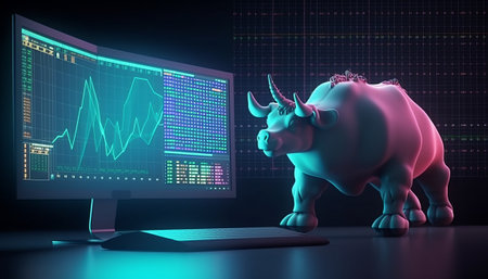 3d rendering of a bull and a computer monitor with stock market dataの素材