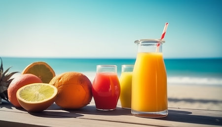 Glass of juice and fresh fruits on the beach. Vacation conceptの素材