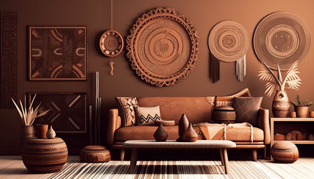 Interior of living room with brown sofa 3D render illustration.の素材