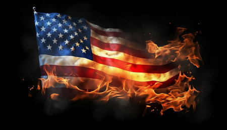 American flag burning in flames isolated on black background, 3D renderingの素材