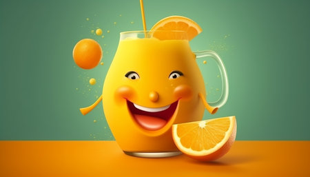Smiling orange juice in a glass with a straw and a slice of orange. 3d renderingの素材