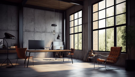Contemporary coworking office interior with furniture and daylight. 3D Renderingの素材