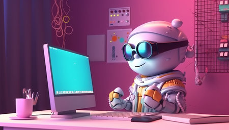 3D rendering of a cute robot working on a computer at homeの素材