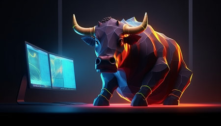 Bull and computer in the dark. 3D rendering. Neon lights.の素材