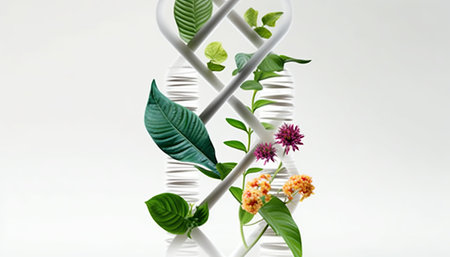 DNA molecule with leaves and flowers on white background. 3d renderingの素材