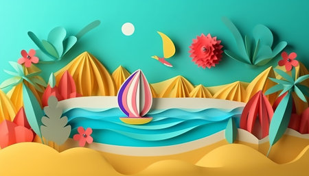 Paper art style of seascape. 3d rendering illustration.の素材