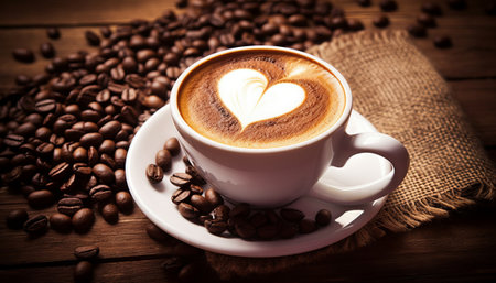 Cup of coffee with heart shape latte art on wooden tableの素材
