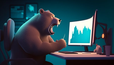 Polar bear with an open mouth sits in front of a computer monitor. 3D rendering.の素材