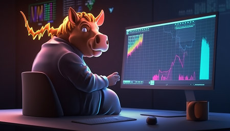 Businessman sitting in front of computer monitor with stock market chart. 3D renderingの素材