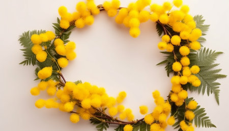 Wreath of mimosa flowers on white background. Flat lay, top viewの素材