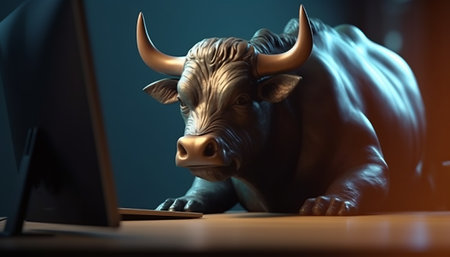 Bull on desk with computer. 3d illustration. Business concept.の素材