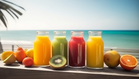 Fresh fruit juices in bottles on the beach. Healthy eating concept.の素材