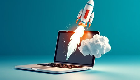 Conceptual image with rocket flying out of laptop screen. 3D renderingの素材