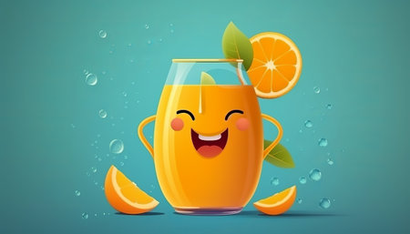 Smiling fresh orange juice in a glass with slices of orange and green leaves. Vector illustration.の素材