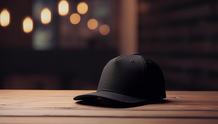 Baseball cap on a wooden table in a cafe or restaurant.の素材