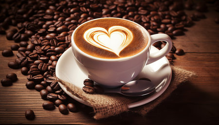 Cup of coffee with heart shape on coffee beans on wooden tableの素材