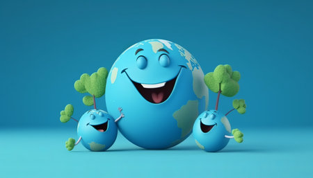 3d render of happy earth with trees. World Environment Day conceptの素材