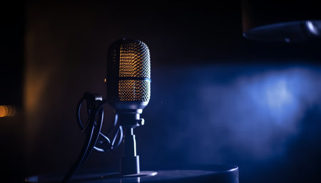 Professional microphone on stage in recording studio or radio studio. Microphone for voiceovers or karaoke. Selective focusの素材