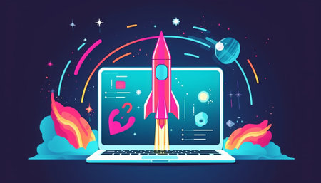 Startup concept. Vector illustration in flat style. Rocket launch on a laptopの素材