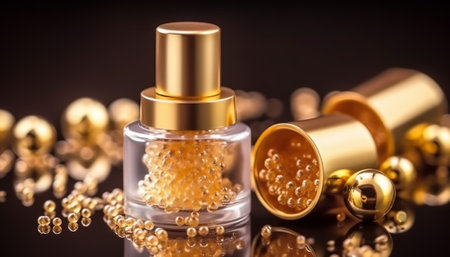 Golden nail polish bottle and golden beads on dark background. 3d renderingの素材
