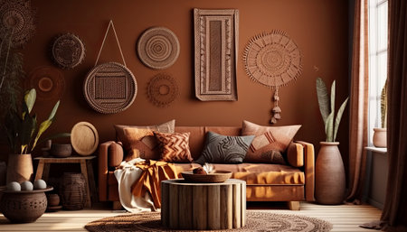 Interior of modern living room with brown walls, 3d renderの素材