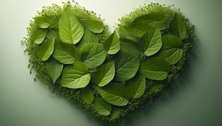 Heart made of green leaves on a green background. 3d renderingの素材