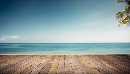 Wooden floor on tropical beach with blue sea and sky background.の素材