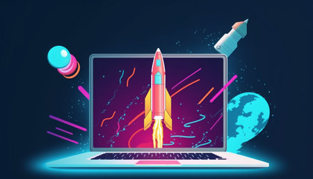 Startup concept. Rocket launch from laptop screen. Vector illustration.の素材